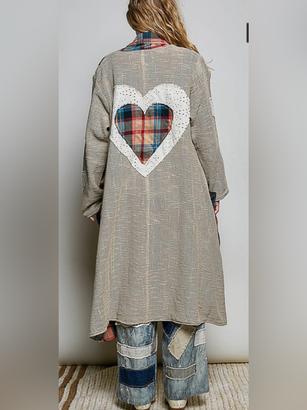 COMING SOON- POL beige long coat with plaid heart back appliqué